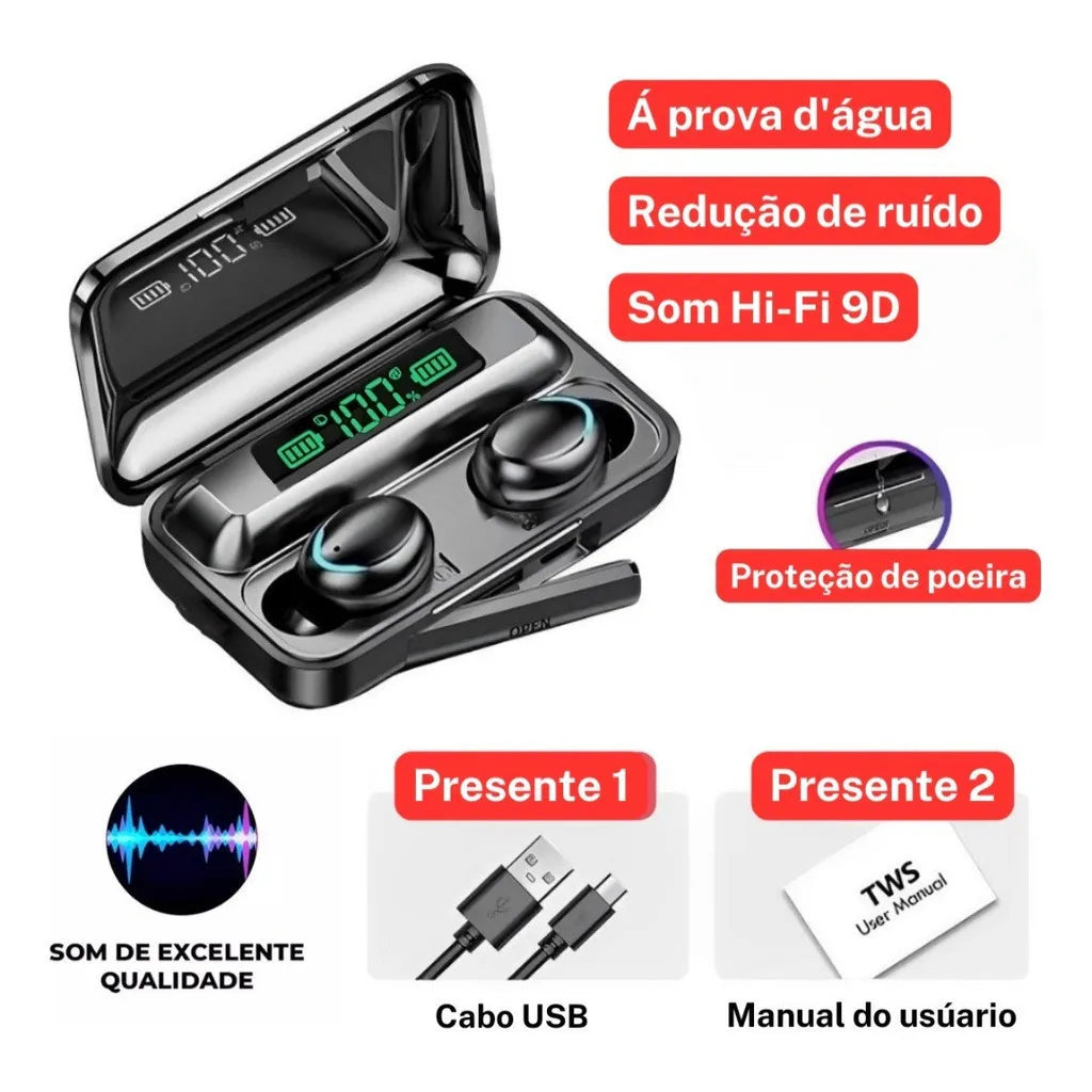 Fone De Ouvido bluetooth F9-5 Display Led Power Bank